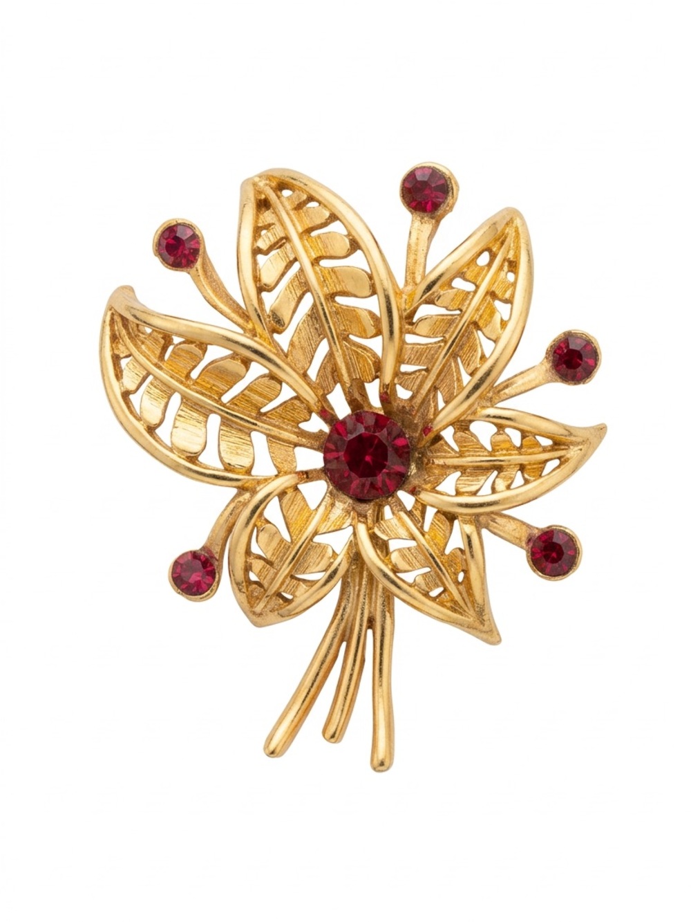 Vintage Floral Brooch with Red Crystal Accents